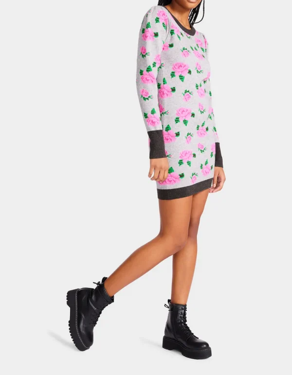 Betsey Johnson Neon Roses Jacquard Sweater Dress Grey Discount