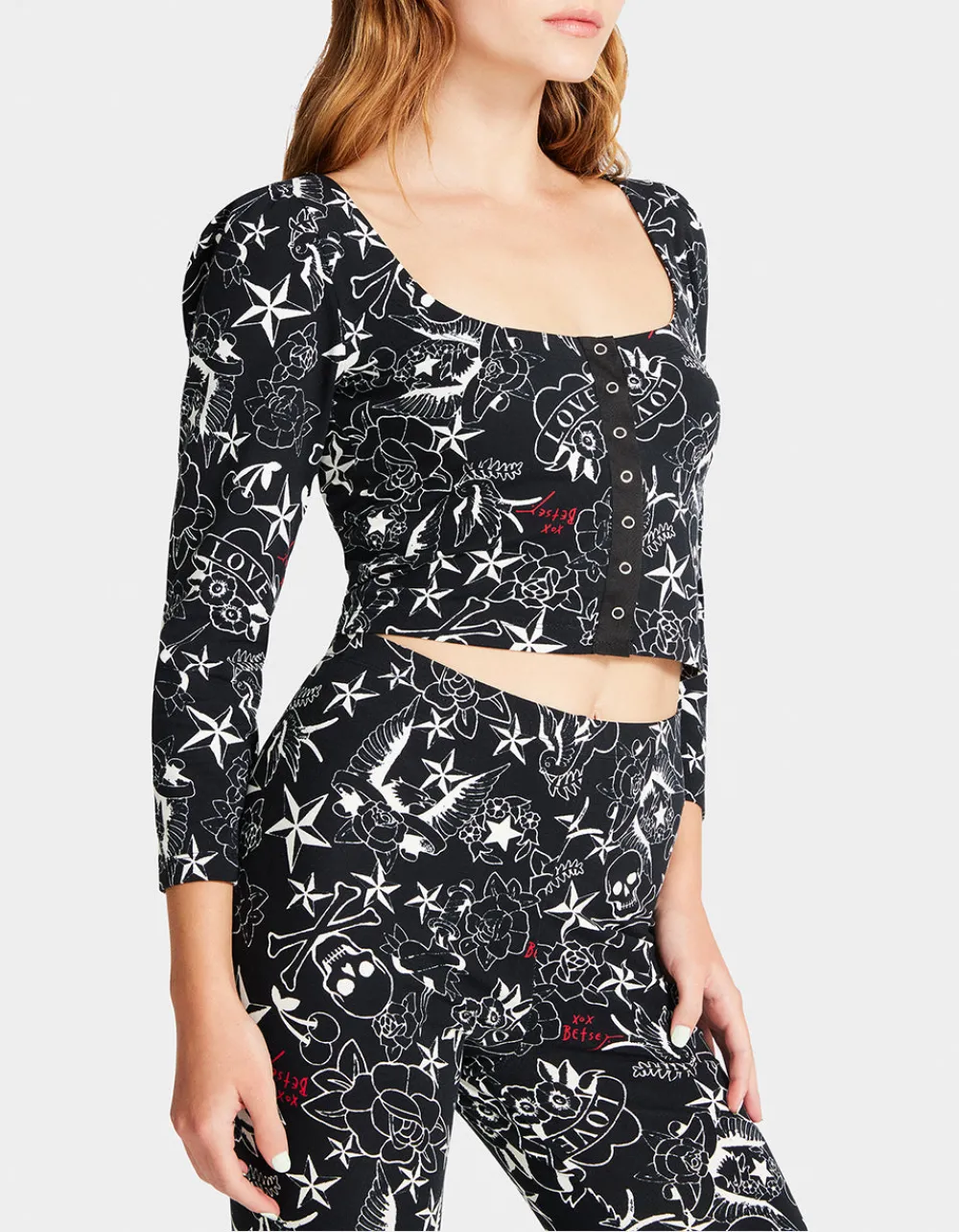 pretty_in_punk_vintage_in_2.webp Betsey Johnson Pretty In Punk Vintage Inspired Puff Sleeve Top Nt Tattoo Pri New